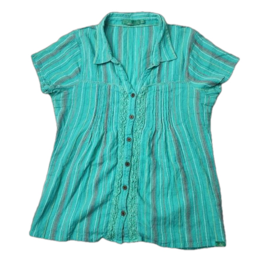 3/$25 Prana short sleeve button down mint green striped shirt size Small